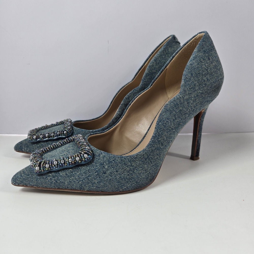 Sam Edelman Pumps Women 8 Blue Denim Beaded Buckle Hazel Stiletto Heels Pointed - Picture 4 of 9